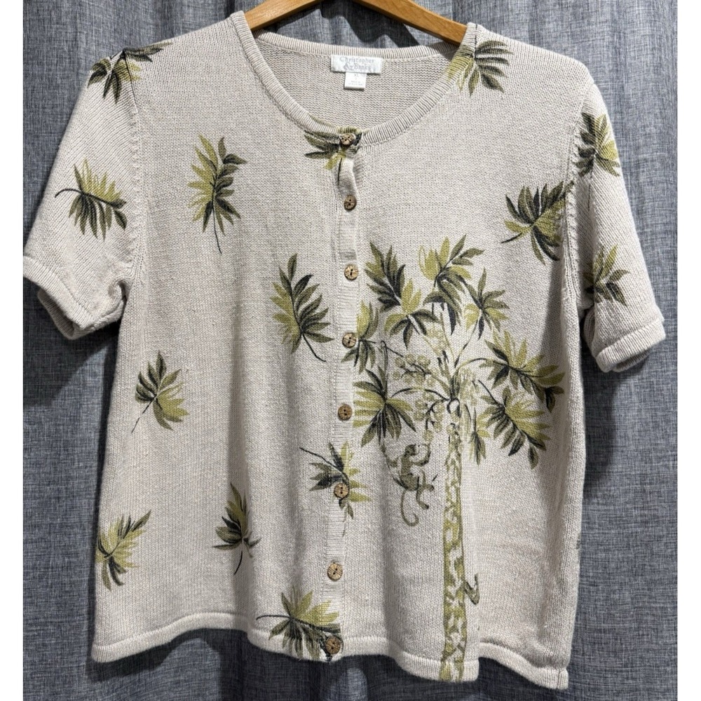 Christopher & Banks Vintage Cardigan Sweater Women XL Palm Tree Monkey '03 Linen
